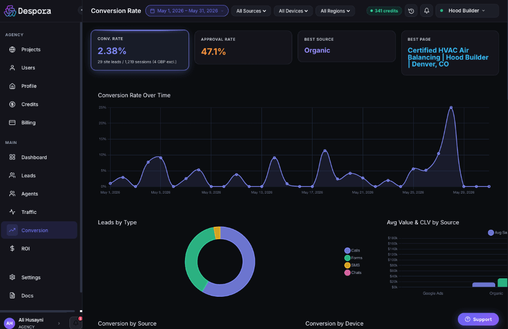 Despora conversion rate dashboard — tracking lead conversions in real time